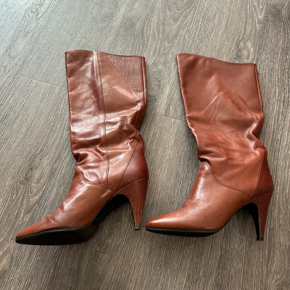 Nine West Brown Leather Pointed-Toe Mid-Calf Heeled Boots